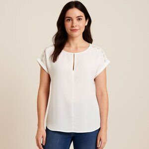 Ann Taylor Petite White Lace Trim Blouse Keyhole Neck Short Sleeve Top SP